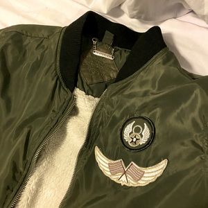 Embroidered sherpa lined bomber jacket